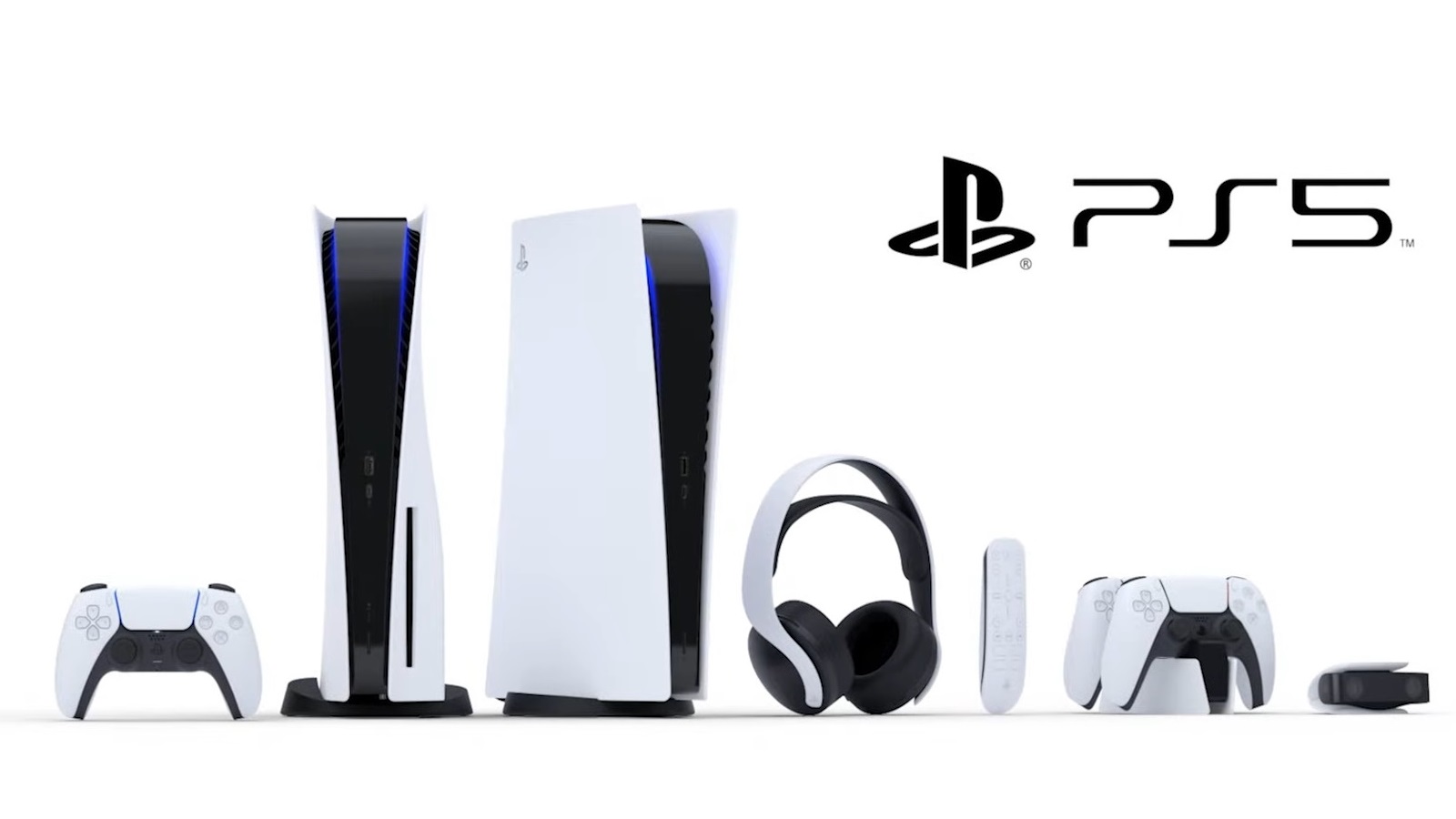 The PlayStation 5 amongst various peripherals like controllers and headsets.
