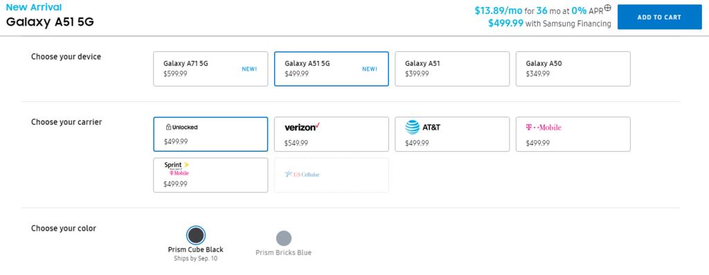 Pricing for product package options of Samsung's phone