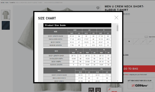 Size chart on Uniqlo's product description