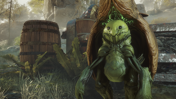 A cabbage-like leafy forest creature sits beside some barrels in Soulframe