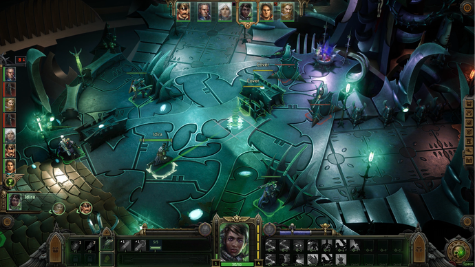 A battle in Warhammer 40,000: Rogue Trader, set in a green-lit metallic interior.