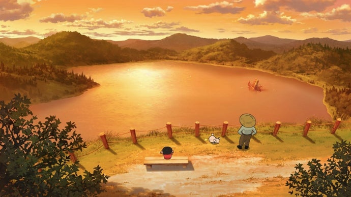 Shin chan sits on a clifftop bench and looks out at a lake under an amber sky. An old man stands nearby and looks out, too. Shiro the dog stands nearby.