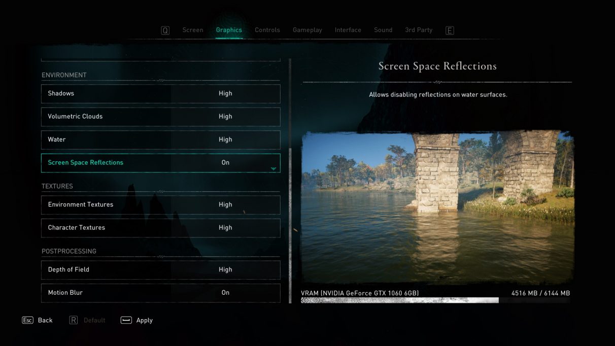 A screenshot of Assassin's Creed Valhalla's graphics settings menu, showing the preview for different Screen Space Reflections options.