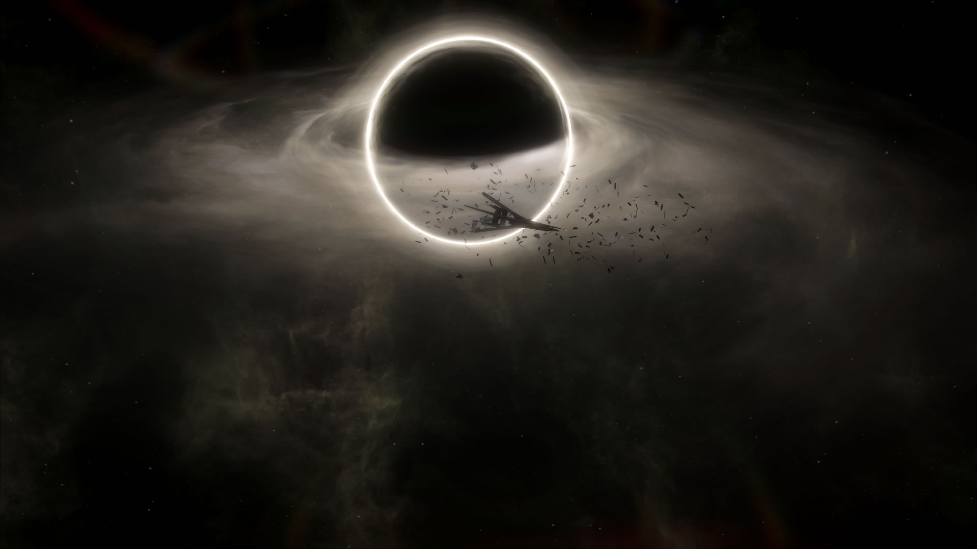 A Stellaris screenshot showing a broken ship in front of a black hole. 