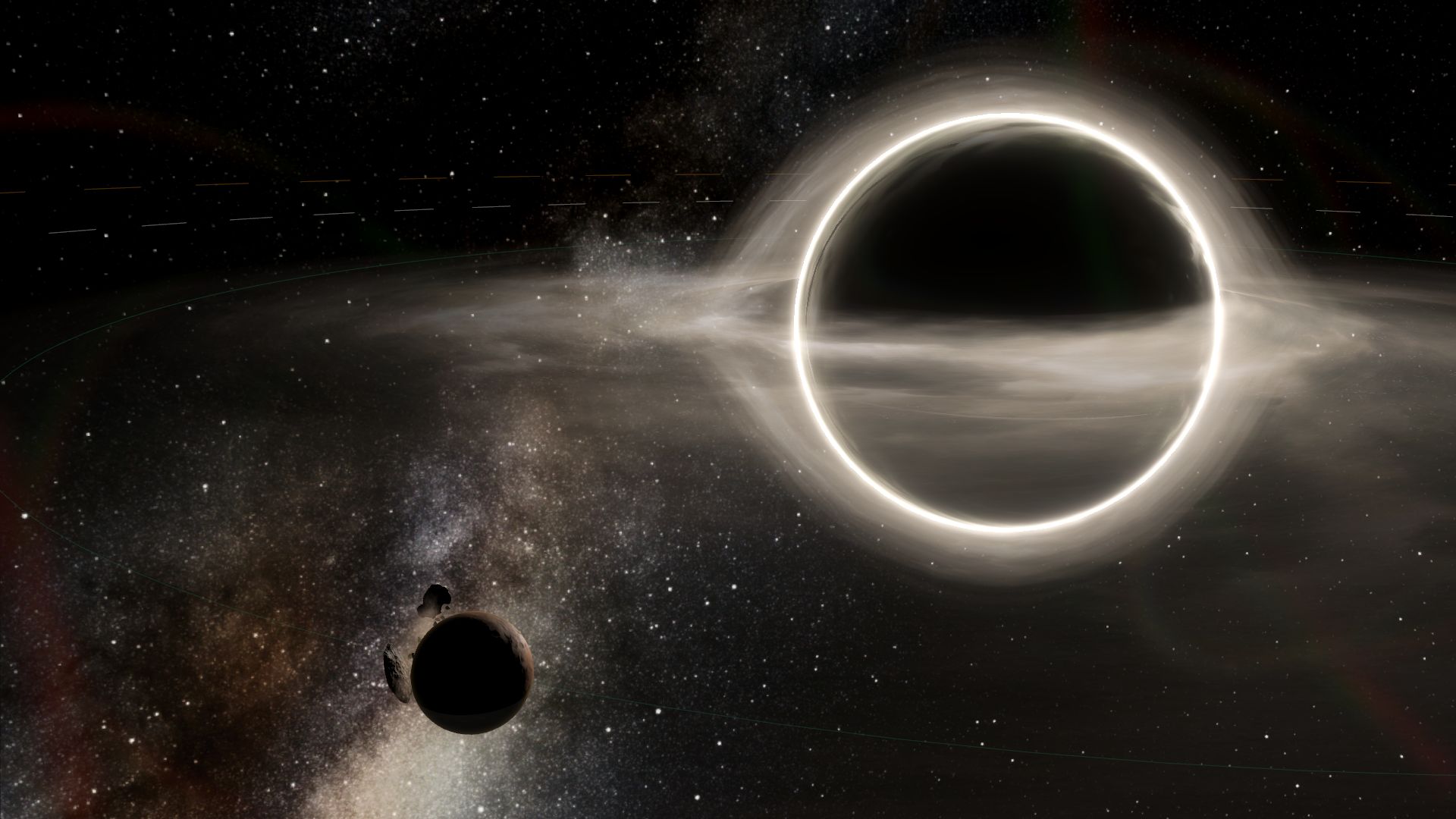 A Stellaris screenshot showing a small planet orbiting a black hole