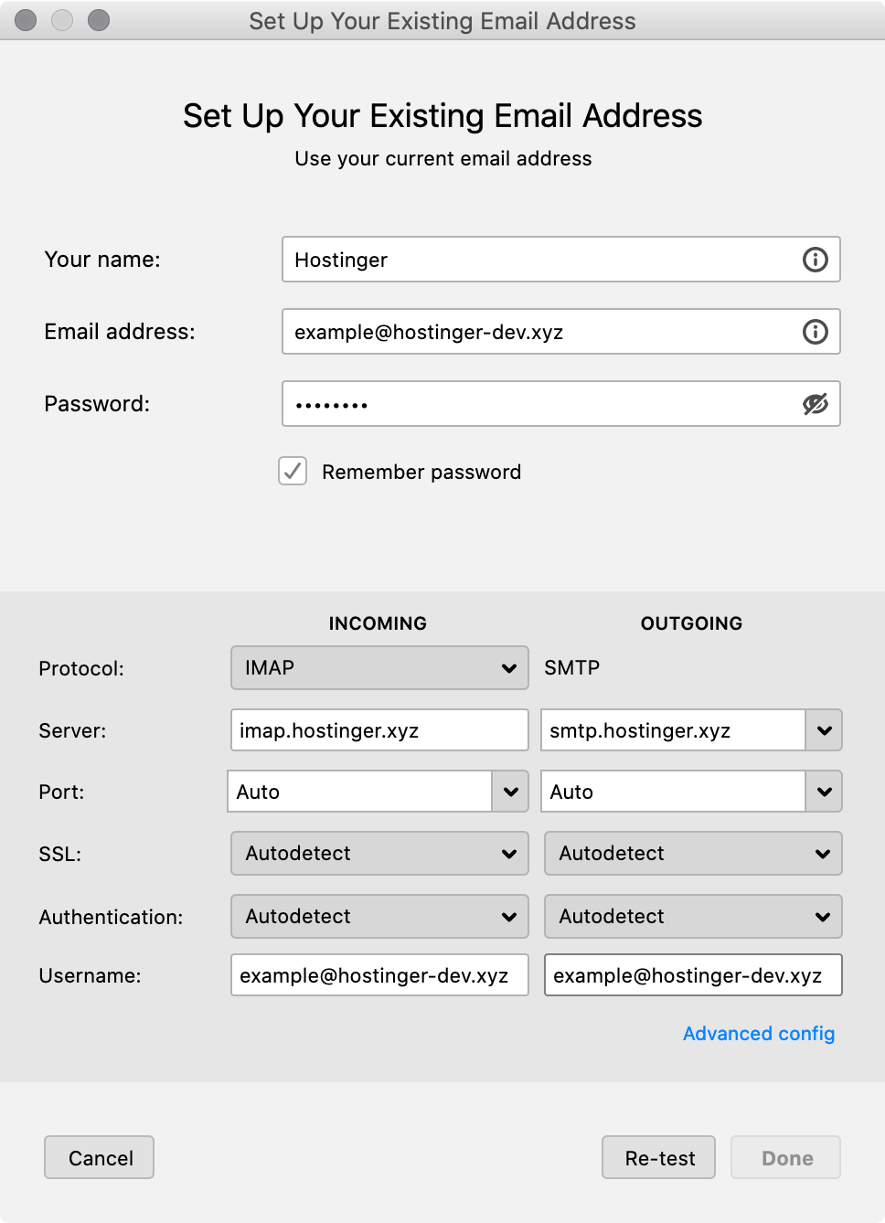 Configuring SMTP server settings in Mozilla Thunderbird.