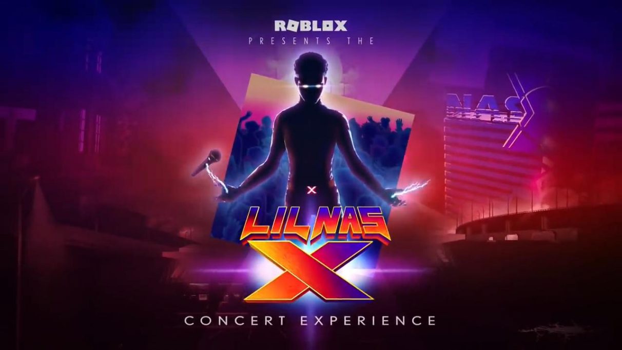 Musician Lil Nas X stands silhoetted in front of a cityscape for a Roblox concert poster