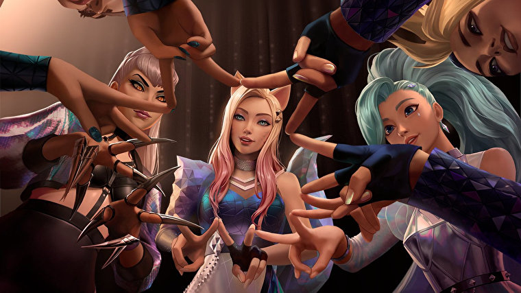 Members of the virtual girl group K/DA poser together.