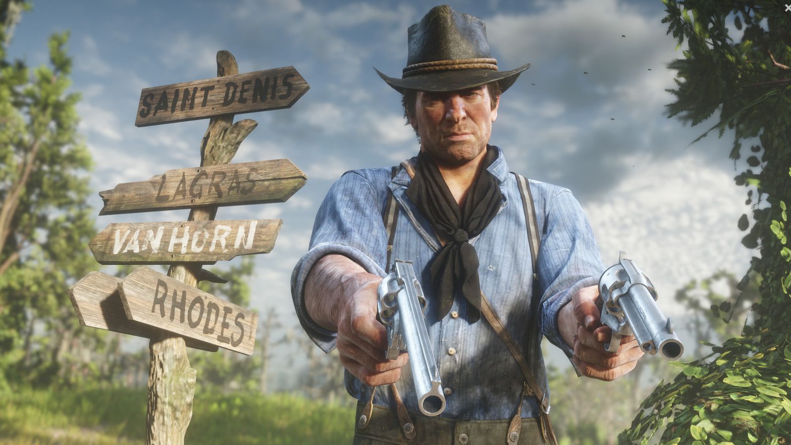 A screenshot of the cowboy from Red Dead Redemption 2 standing in front of a signpost and looking all cool