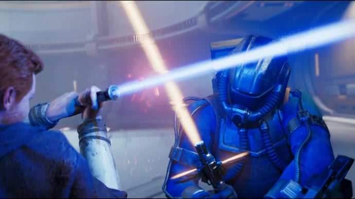A close-up of a lightsaber duel in Star Wars Jedi: Survivor between Cal and Drya Thornne, a Bedlam Raider with a crossguard lightsaber.