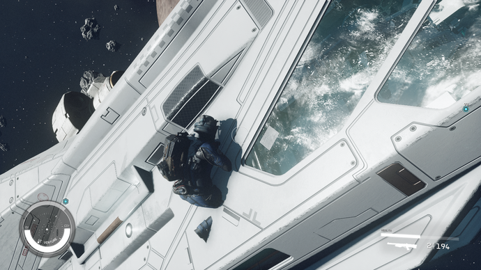 A Starfield player no-clipping through a ship's hull