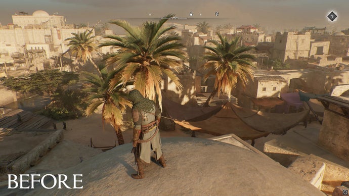 A screen of Assassin's Creed: Mirage before the removal of chromatic aberration