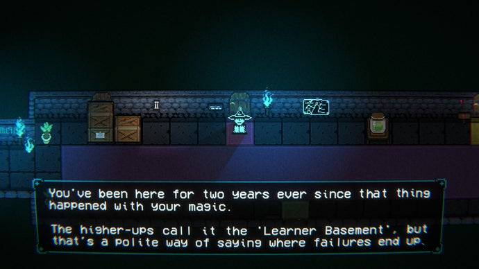 A small wizard stands in a hallway looking sad in Leximan
