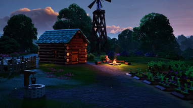 A character sits outside their cabin home base in Lego Fortnite