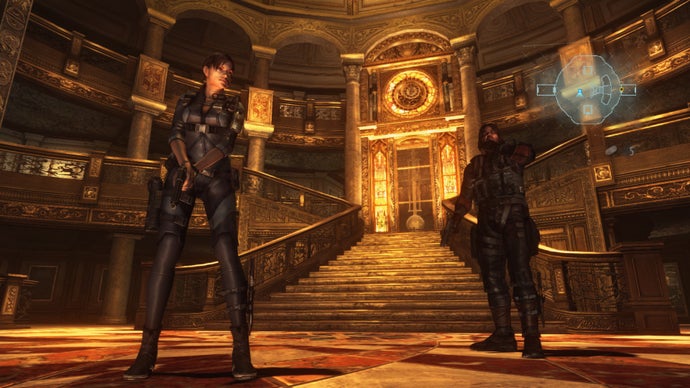 Two characters stand in a mansion hall in Resident Evil: Revelations